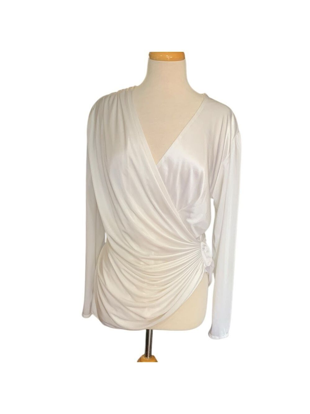Vntg 80’s Abby Kent white satiny long sleeved wrap waist shirt size 14